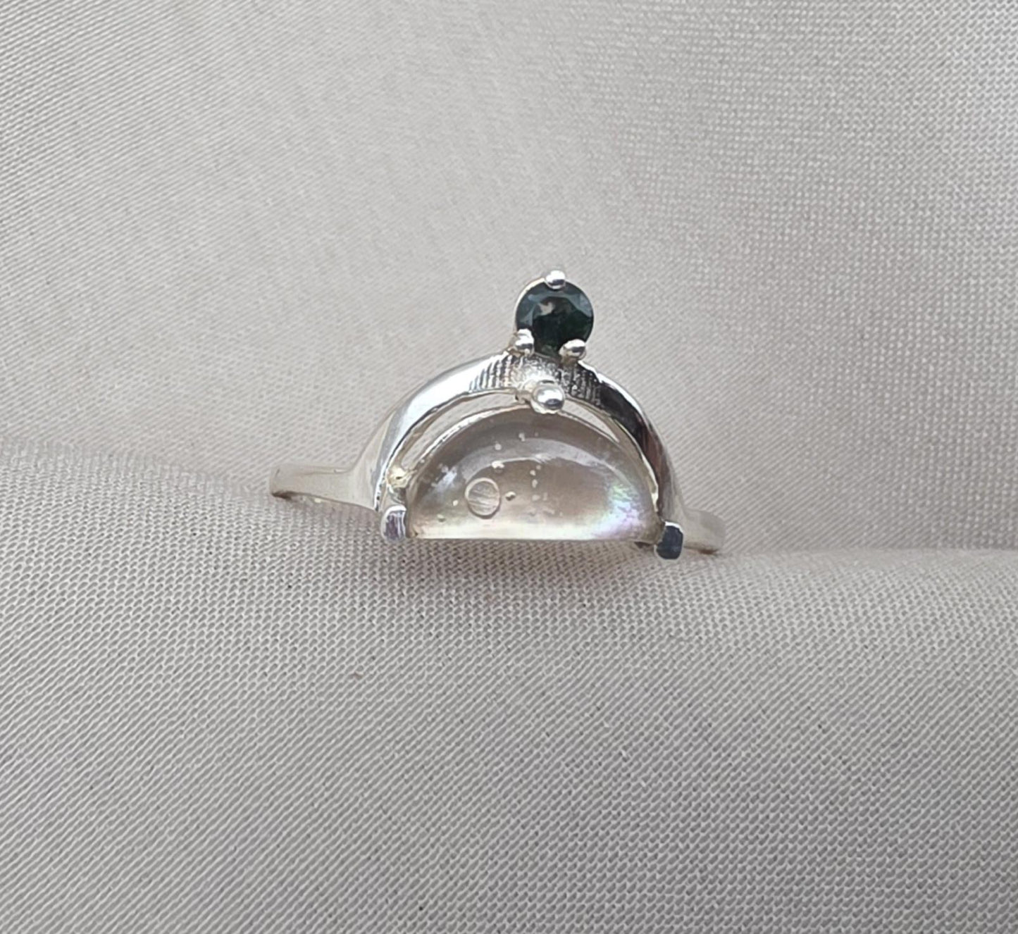 Mother of Pearl Doublet Ring 925 Sterling Silver Dual Stone Moss Agate Statement Ring