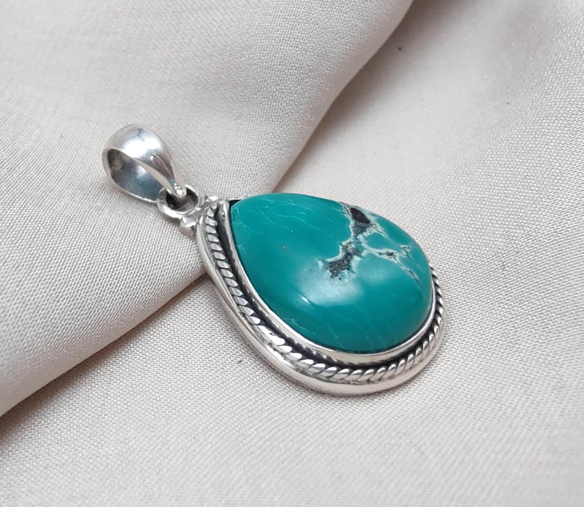 Tibetan Turquoise Pear Pendant: Sterling Silver Boho Necklace