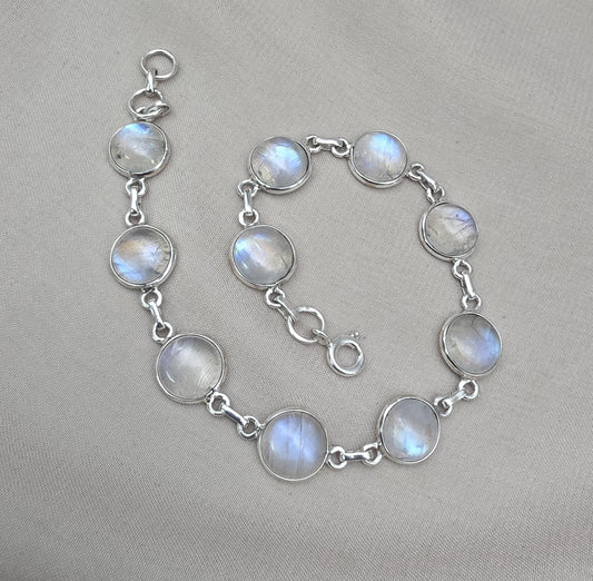 925 Sterling Silver Blue Flash Rainbow Moonstone Bracelet Natural Oval Link Jewelry