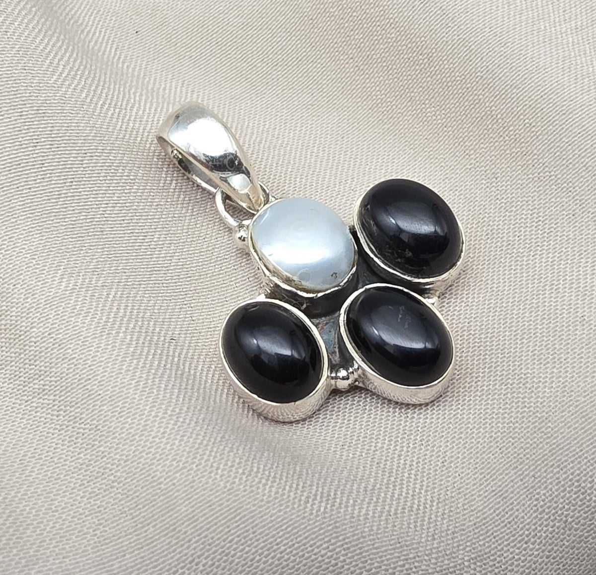 Black Onyx & Mother of Pearl 925 Sterling Silver Pendant: Handmade Boho Necklace