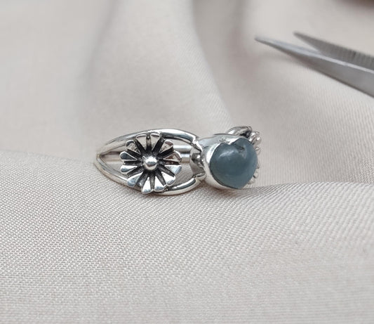 Aquamarine Heart Ring 925 Sterling Silver Floral Boho Ring