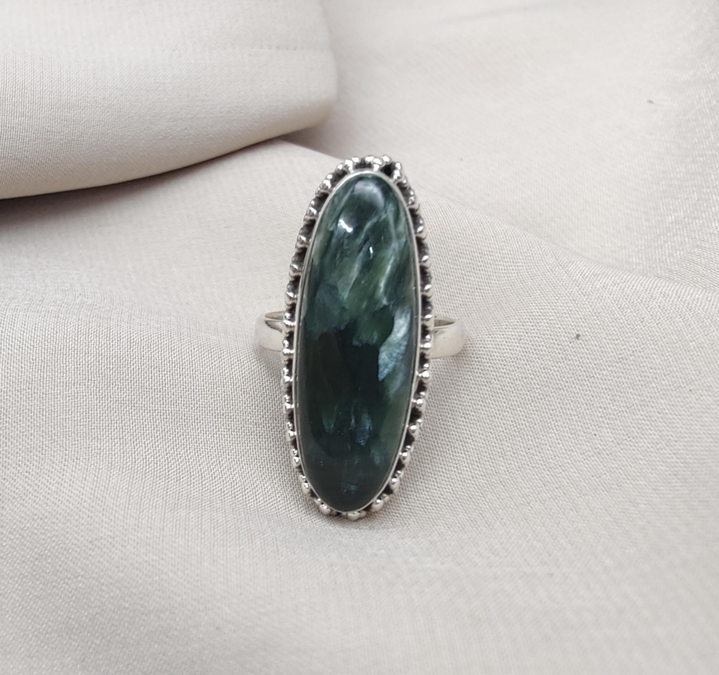 Seraphinite 925 Sterling Silver Ring Handmade Boho Vintage Statement Jewelry