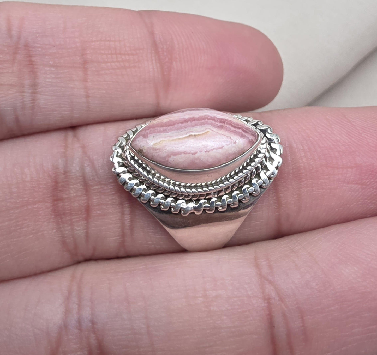 Rhodochrosite 925 Sterling Silver Ring Marquise Gemstone Boho Statement Ring Crystal Jewelry