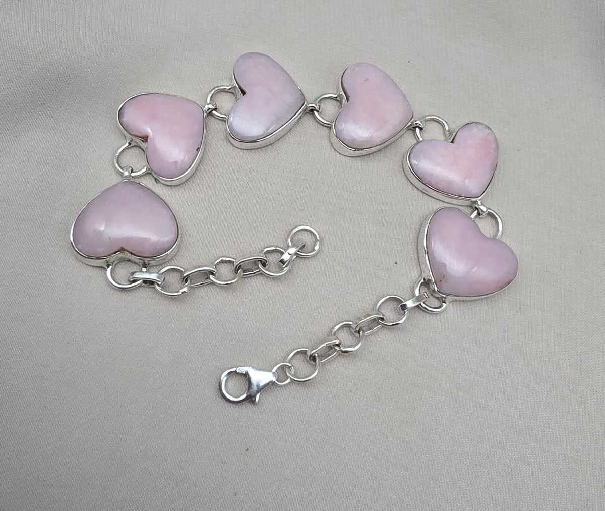 Pink Opal Heart Bracelet, 925 Sterling Silver, Handmade