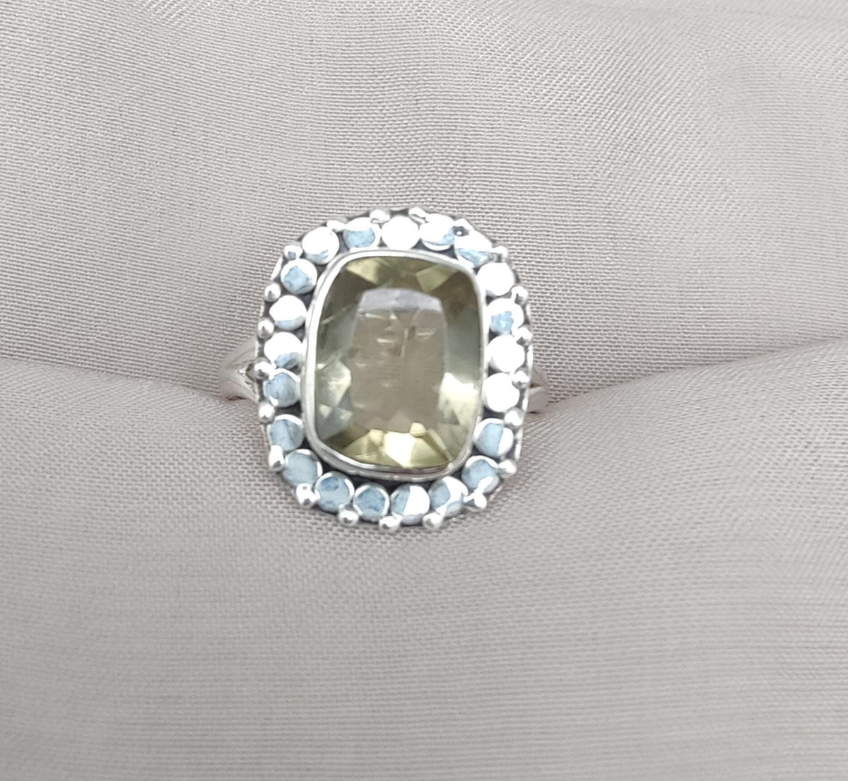 Lemon Quartz Sterling Silver Ring: Cushion Cut Cocktail Statement Jewelry