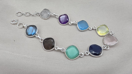 925 Sterling Silver Multi Stone Bracelet Natural Gemstone Cushion Link Jewelry