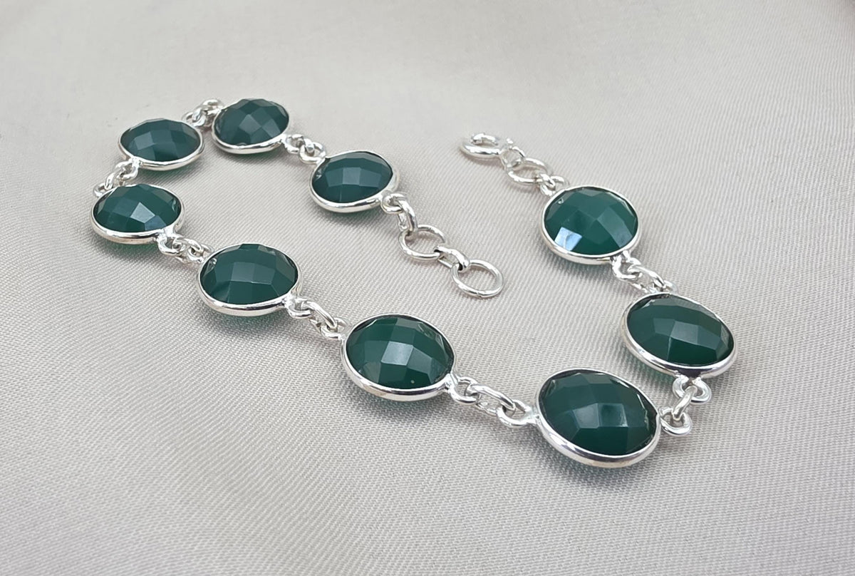 Green Onyx Bracelet 925 Sterling Silver Faceted Round Stone Link Bracelet Handmade Jewelry