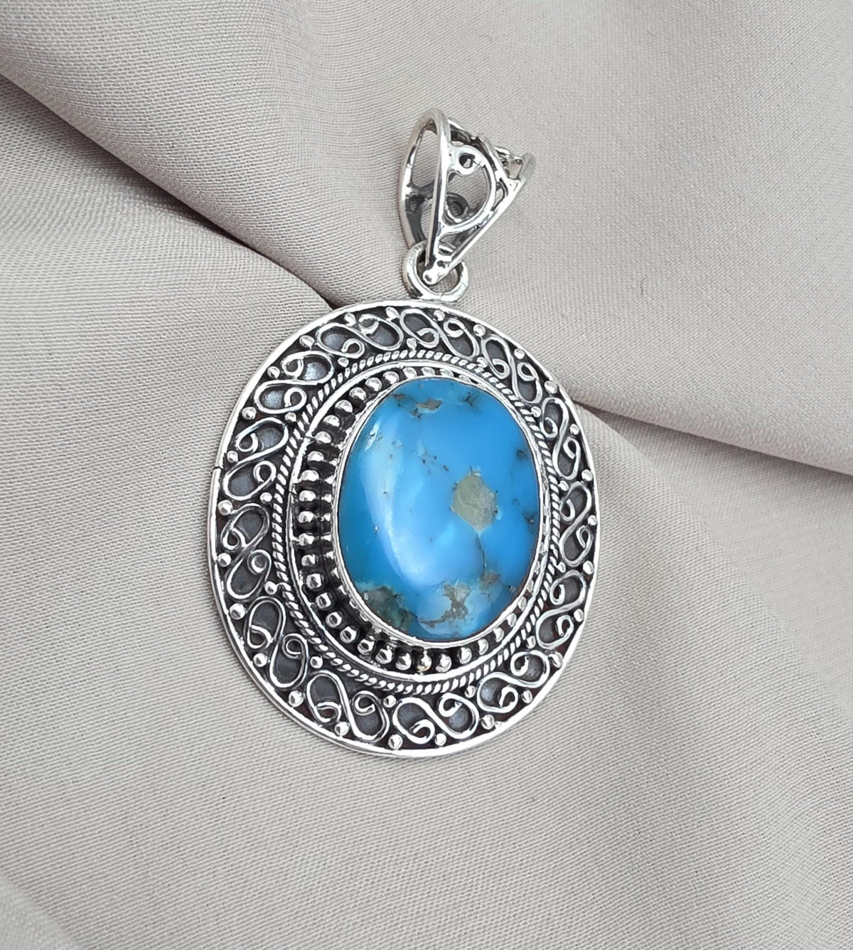 American Turquoise Silver Pendant 925 Sterling Silver Oval Cabochon Handmade Gemstone Jewelry