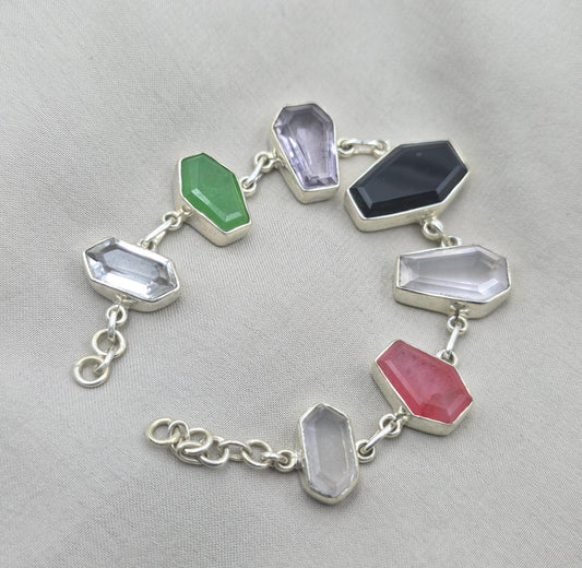 925 Sterling Silver Multi Gemstone Bracelet Coffin Cut Link Bracelet Handmade Jewelry