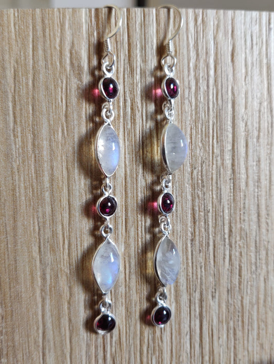 925 SOLID STERLING SILVER NATURAL RAINBOW MOONSTONE GEMSTONE HOOK EARRING