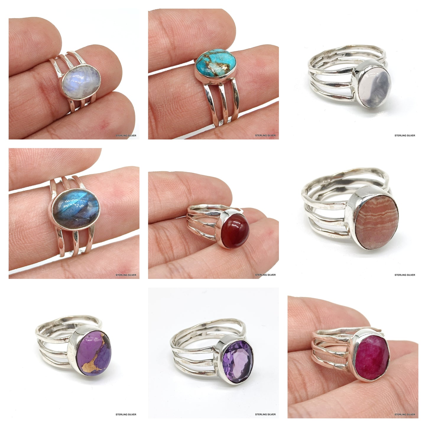 925 SOLID STERLING SILVER NATURAL GEMSTONES HANDMADE 3 BAND RING, ALL SIZES AVAILABLE