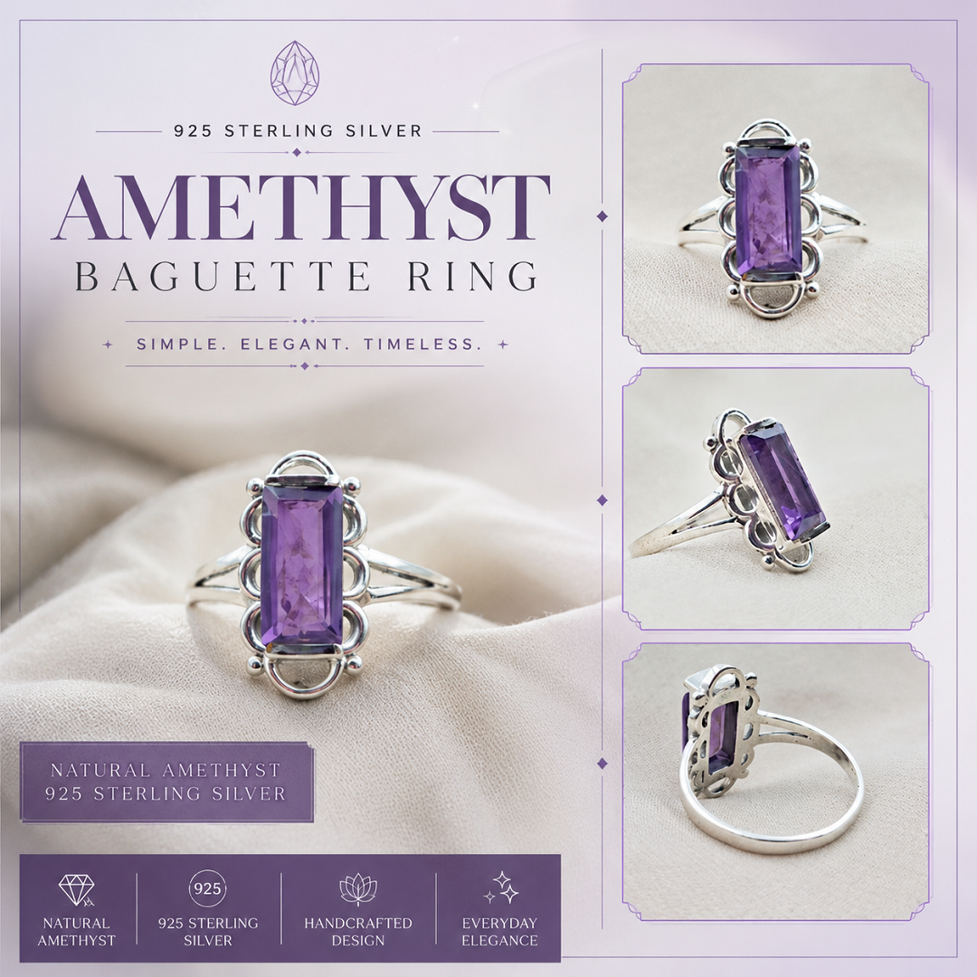 925 Sterling Silver Amethyst Baguette Ring – Timeless Sophistication in Every Detail