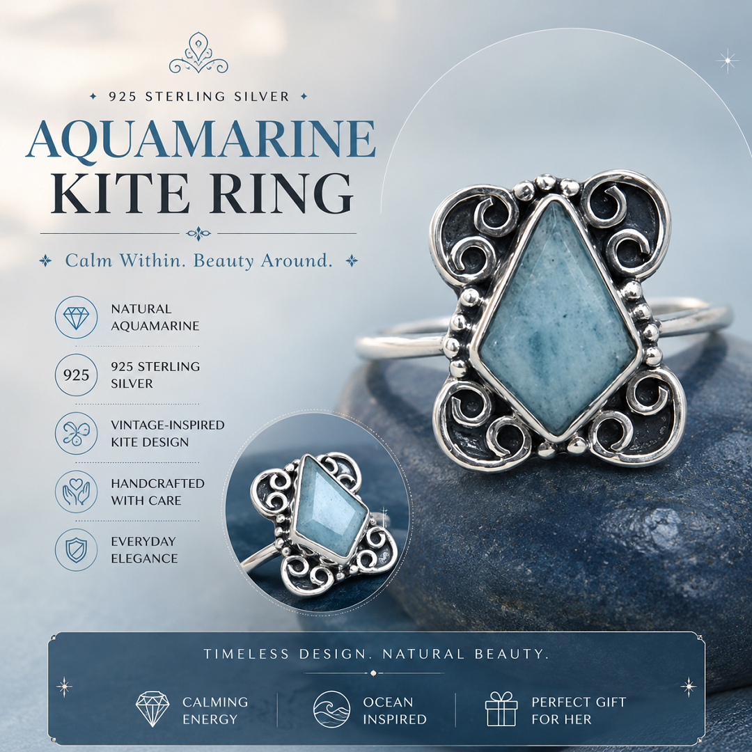 925 Sterling Silver Aquamarine Kite Ring – A Timeless Blend of Elegance & Serenity