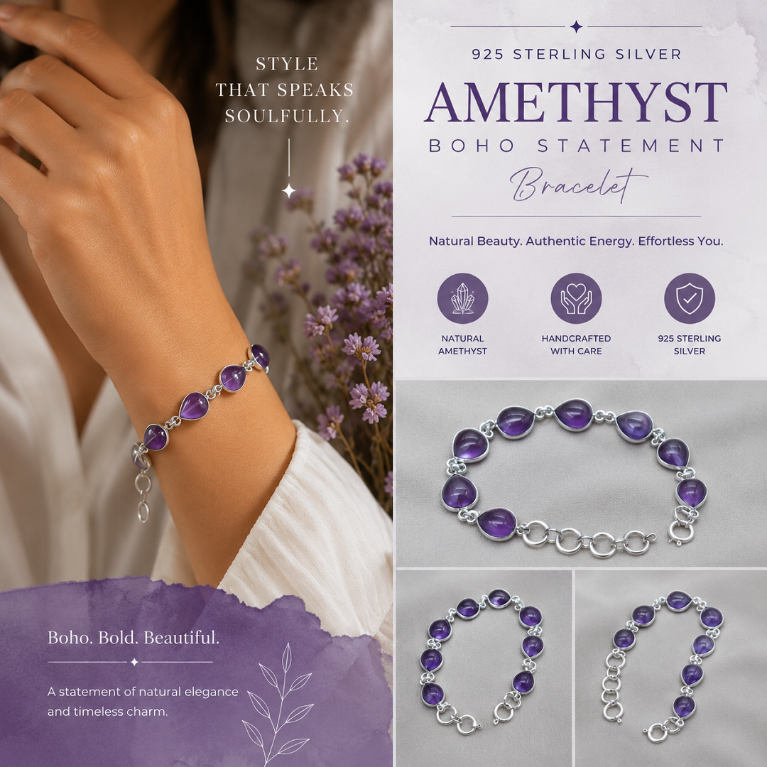 925 Sterling Silver Amethyst Boho Statement Bracelet – Timeless Beauty with a Modern Spirit