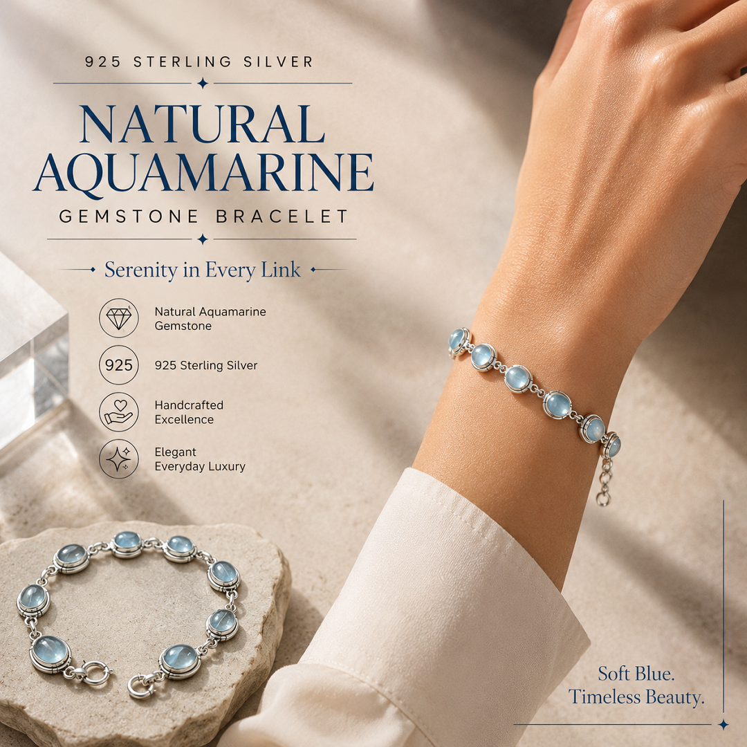925 Sterling Silver Natural Aquamarine Gemstone Bracelet – Timeless Beauty Inspired by the Ocean