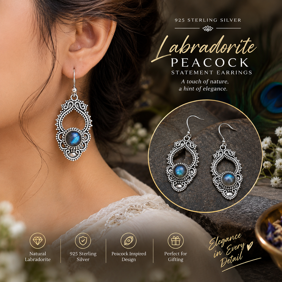 925 Sterling Silver Labradorite Peacock Statement Earrings – Elegance Inspired by Nature