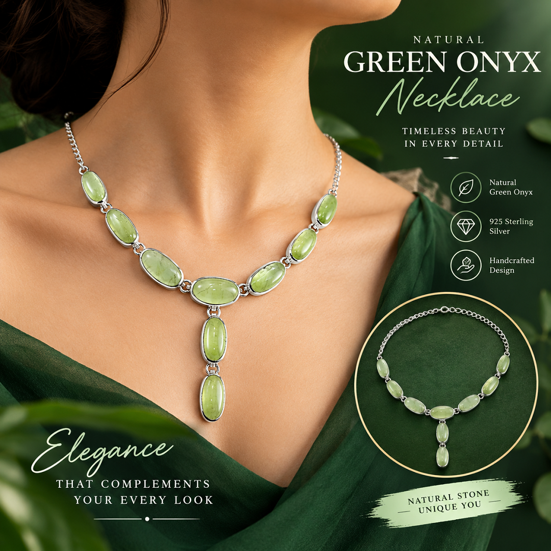925 Sterling Silver Natural Green Onyx Handmade Necklace