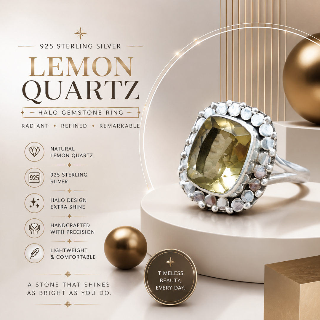925 Sterling Silver Lemon Quartz Halo Gemstone Ring – A Perfect Blend of Light & Luxury