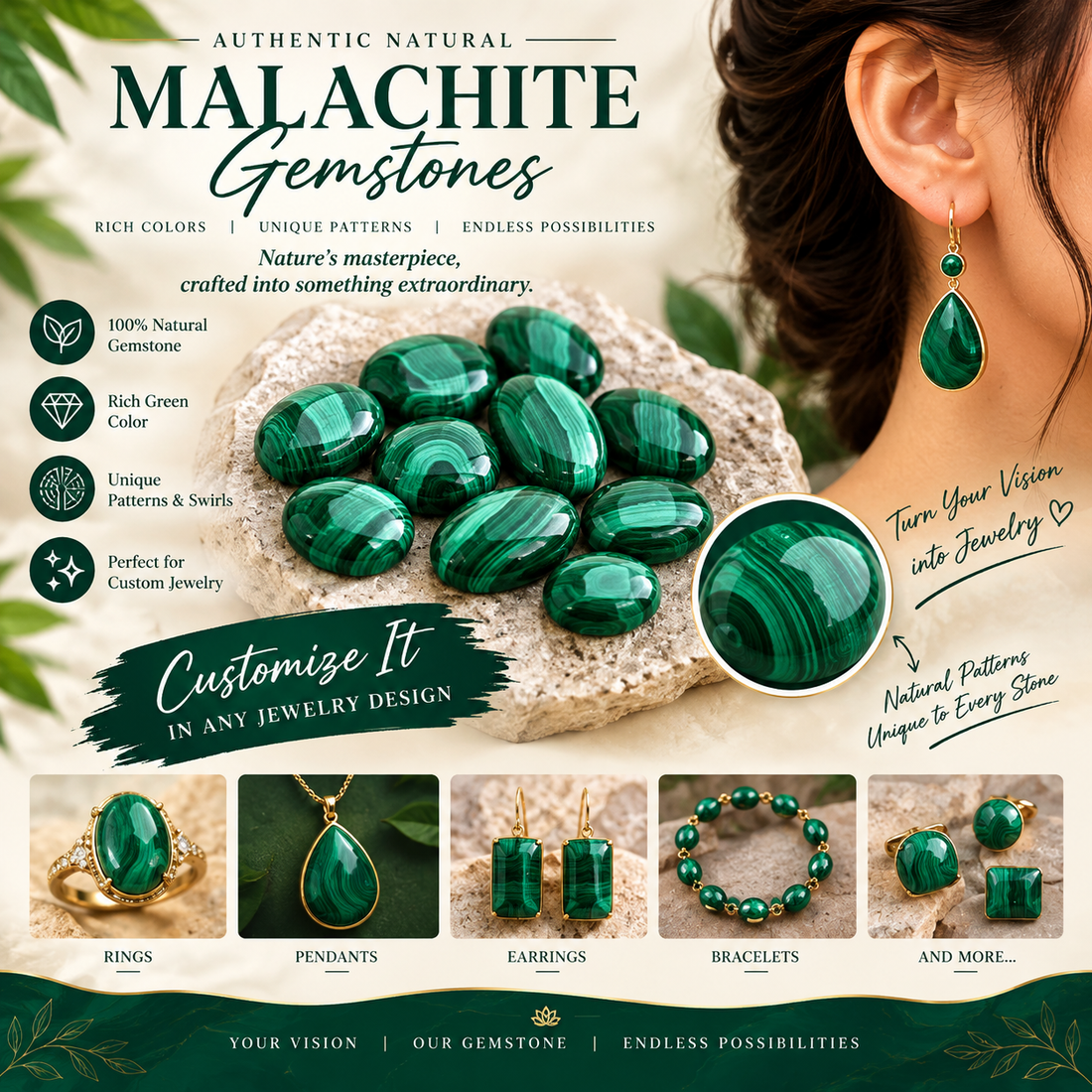 Authentic Natural Malachite Gemstone – Unique Beauty for Custom Jewelry