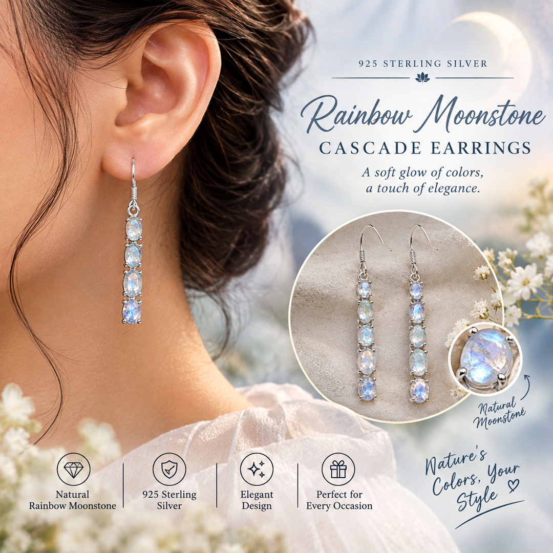 925 Sterling Silver Rainbow Moonstone Cascade Earrings – A Soft Glow of Elegance