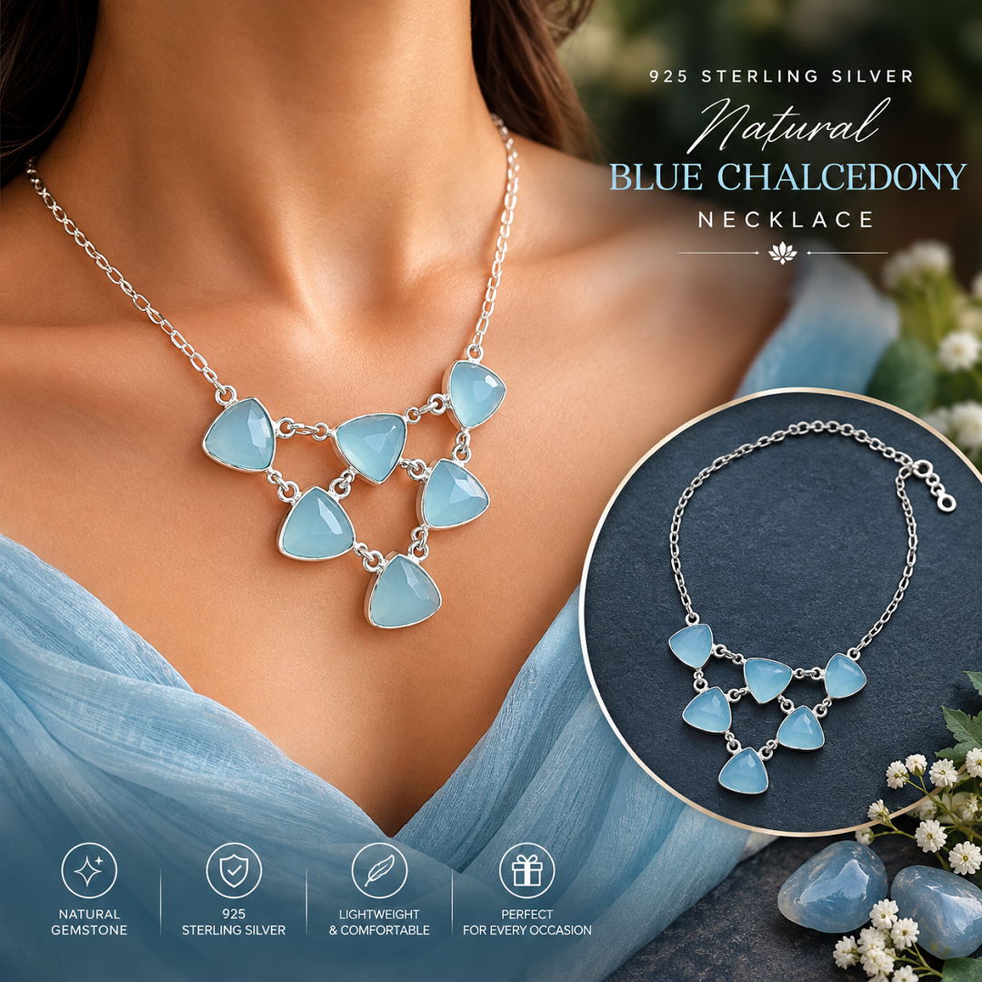 925 Sterling Silver Natural Blue Chalcedony Necklace – Soft Blue Elegance