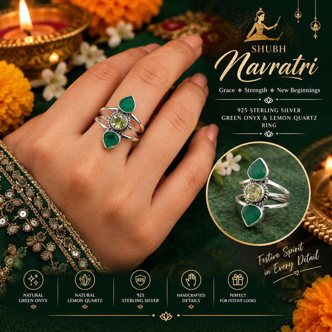 925 Sterling Silver Green Onyx & Lemon Quartz Ring – A Festive Statement of Elegance