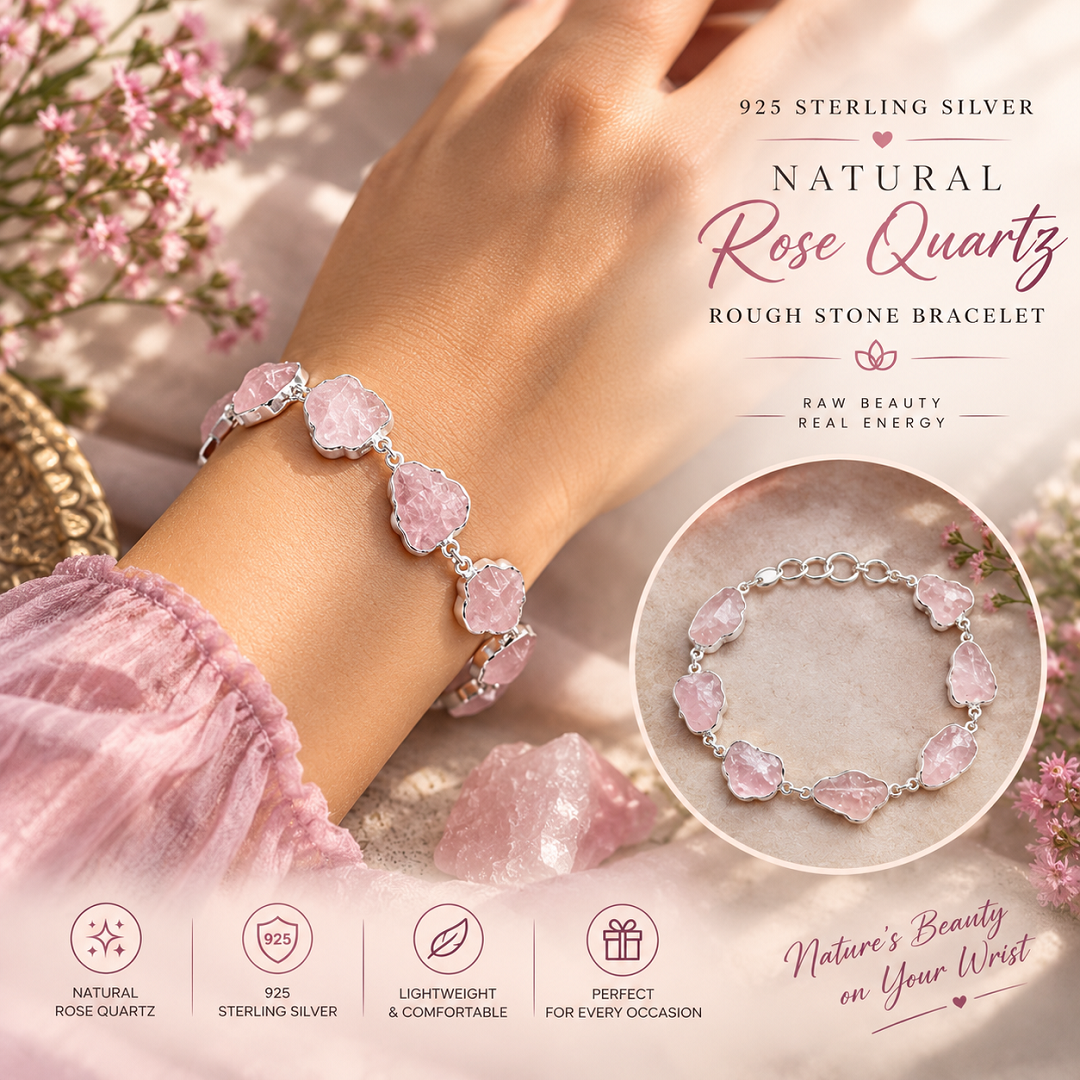 925 Sterling Silver Natural Rose Quartz Rough Stone Bracelet – The Beauty of Raw Elegance