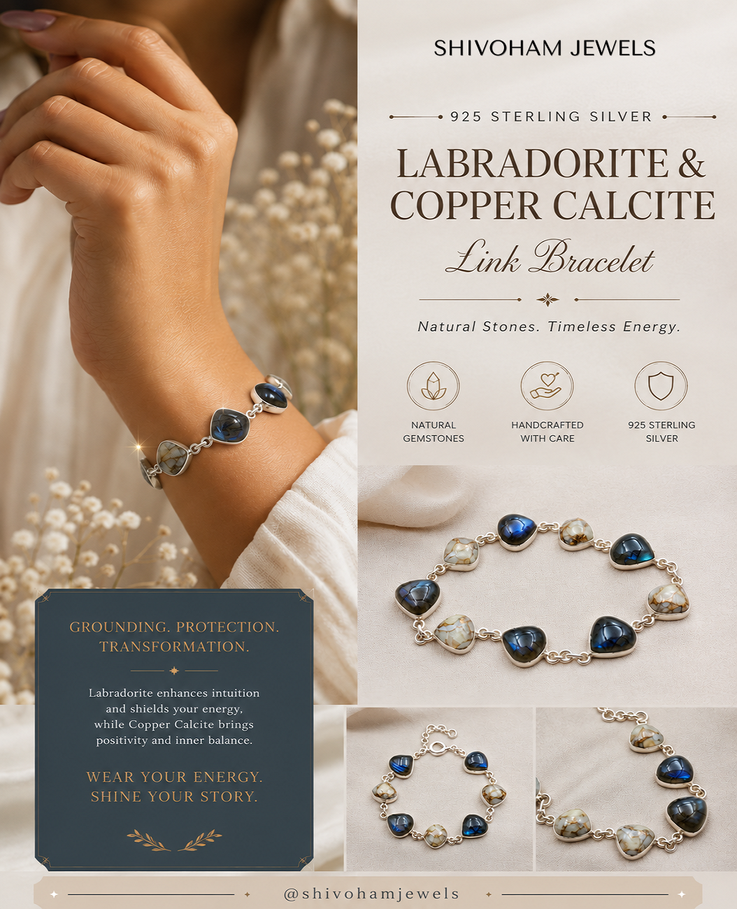 925 Sterling Silver Labradorite & Copper Calcite Natural Gemstone Link Bracelet