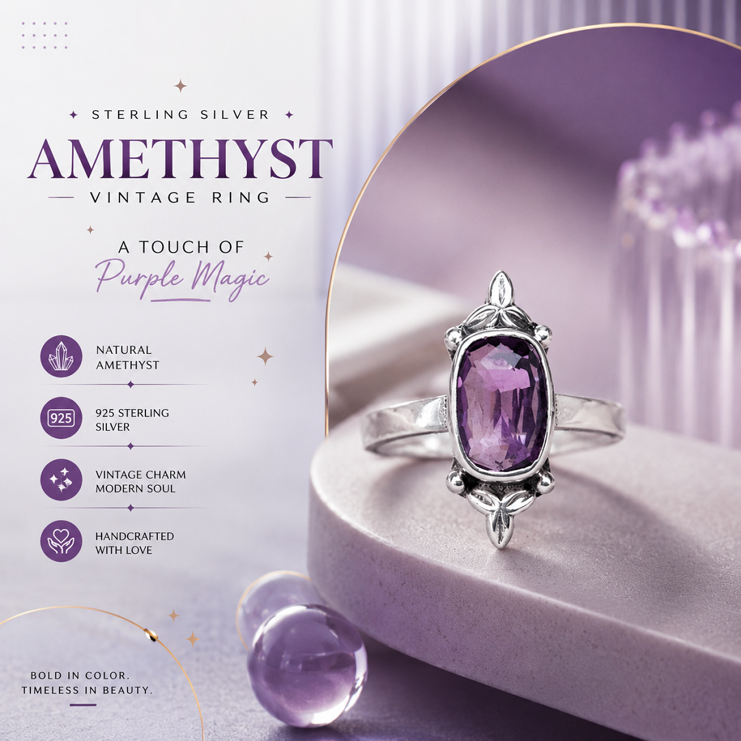 Sterling Silver Natural Amethyst Floral Vintage Ring – A Touch of Purple Magic