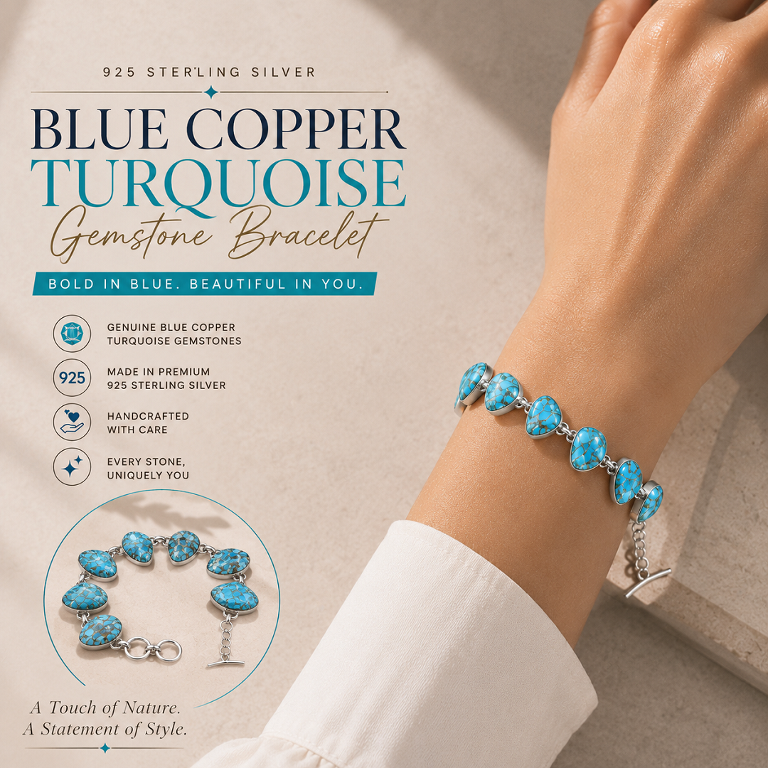 925 Sterling Silver Blue Copper Turquoise Gemstone Bracelet – A Bold Blend of Nature & Elegance