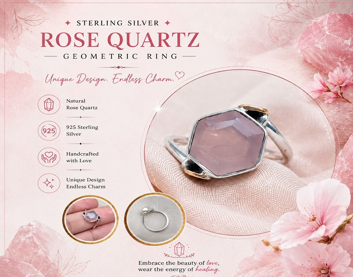 Sterling Silver Natural Rose Quartz Geometric Ring: A Symbol of Love, Elegance & Timeless Design