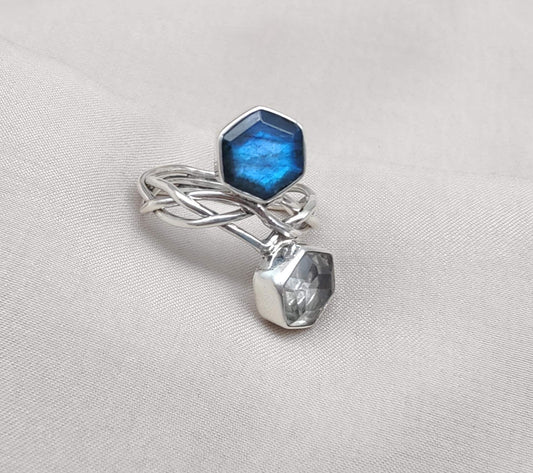 Labradorite & Green Amethyst 925 Sterling Silver Ring: Adjustable Double Stone