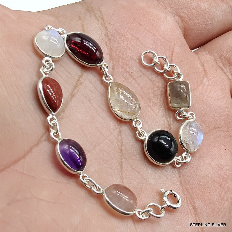 925 SOLID STERLING SILVER NATURAL GEMSTONES HANDMADE BRACELET,8 INCHES