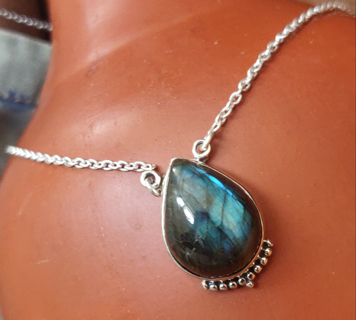925 SOLID STERLING SILVER NATURAL LABRADORITE HANDMADE NECKLACE,18 INCHES