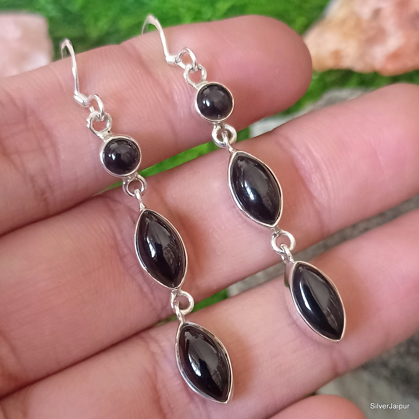 925 SOLID STERLING SILVER NATURAL BLACK ONYX GEMSTONE HOOK EARRING