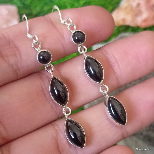 925 SOLID STERLING SILVER NATURAL BLACK ONYX GEMSTONE HOOK EARRING