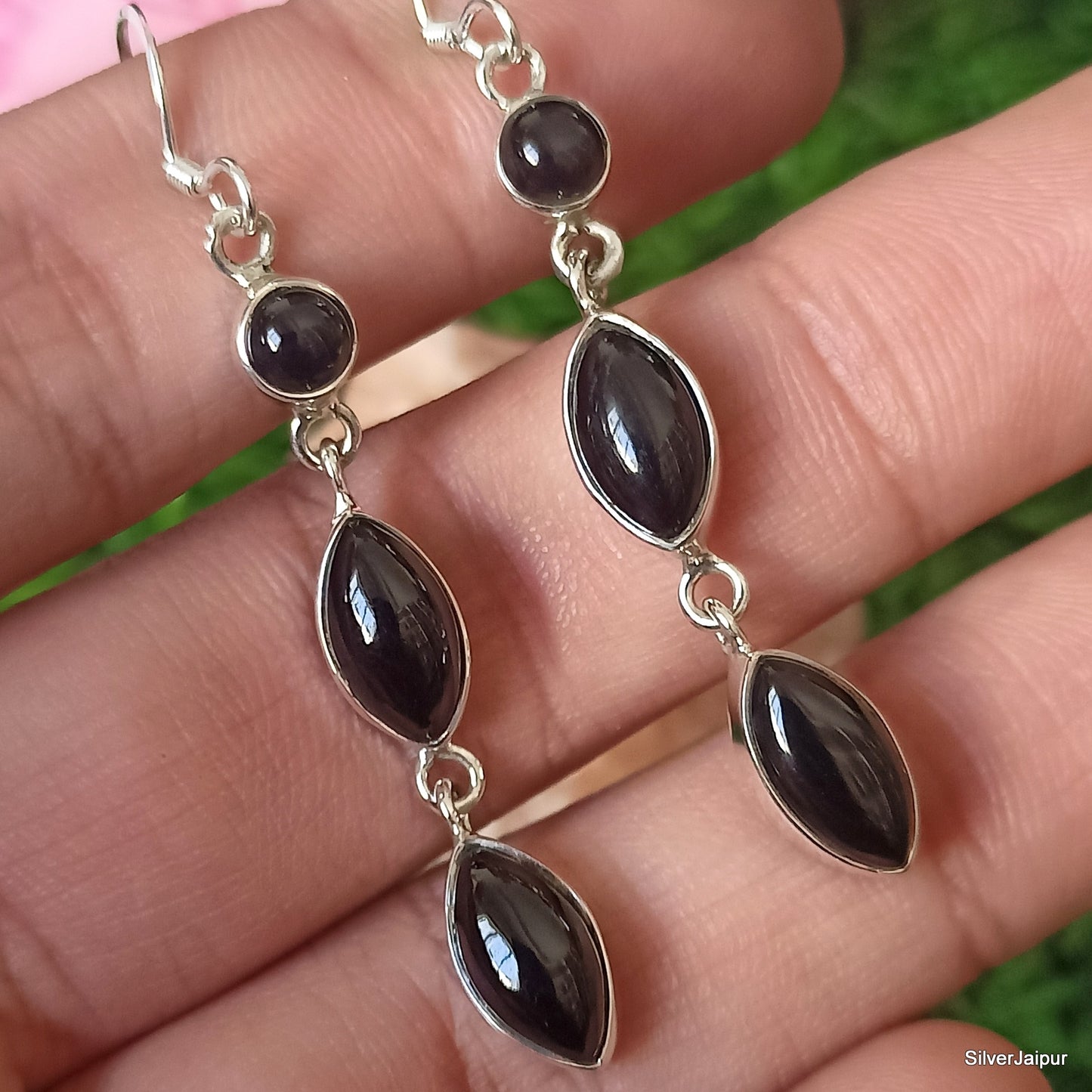 925 SOLID STERLING SILVER NATURAL BLACK ONYX GEMSTONE HOOK EARRING