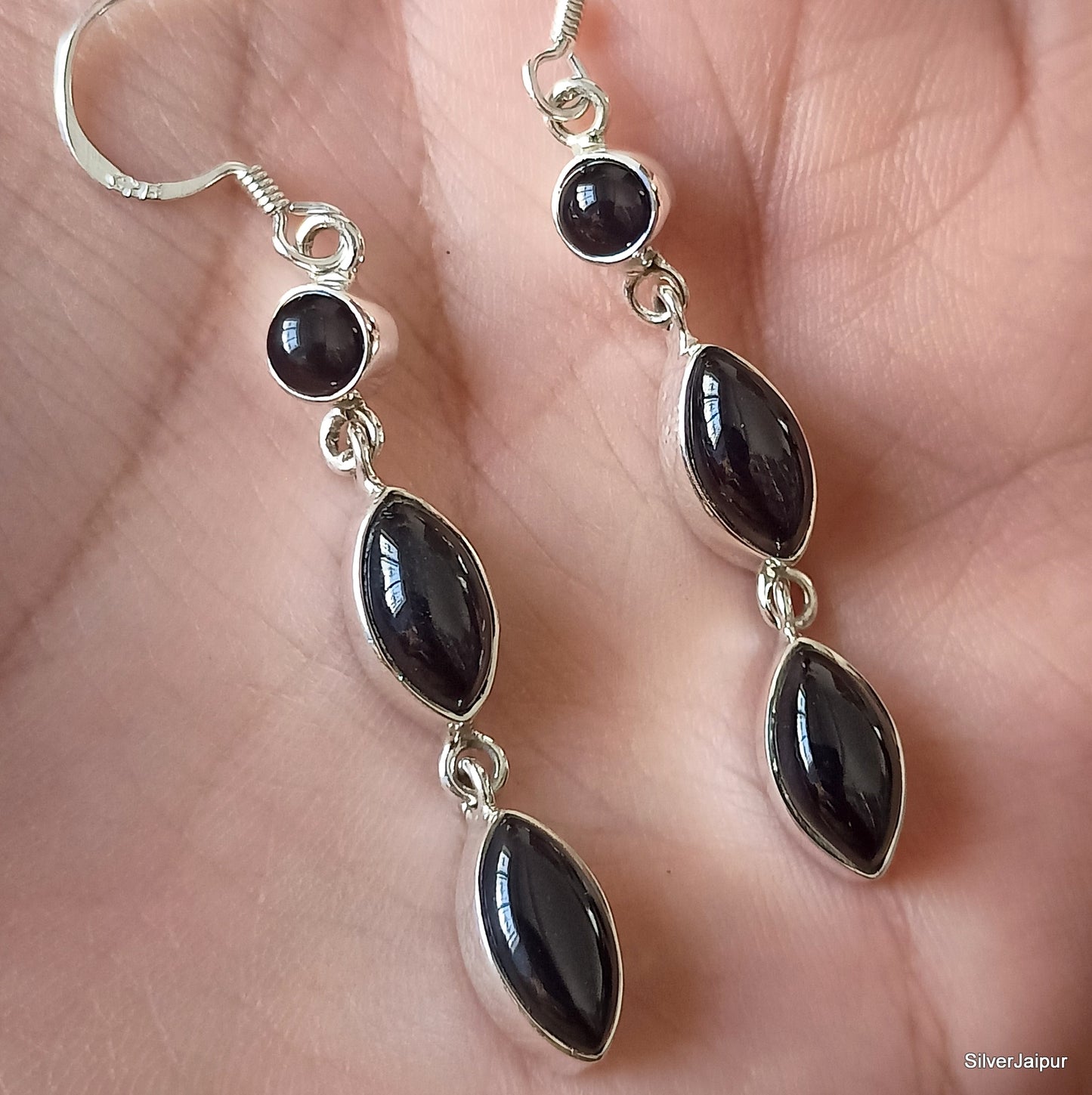 925 SOLID STERLING SILVER NATURAL BLACK ONYX GEMSTONE HOOK EARRING