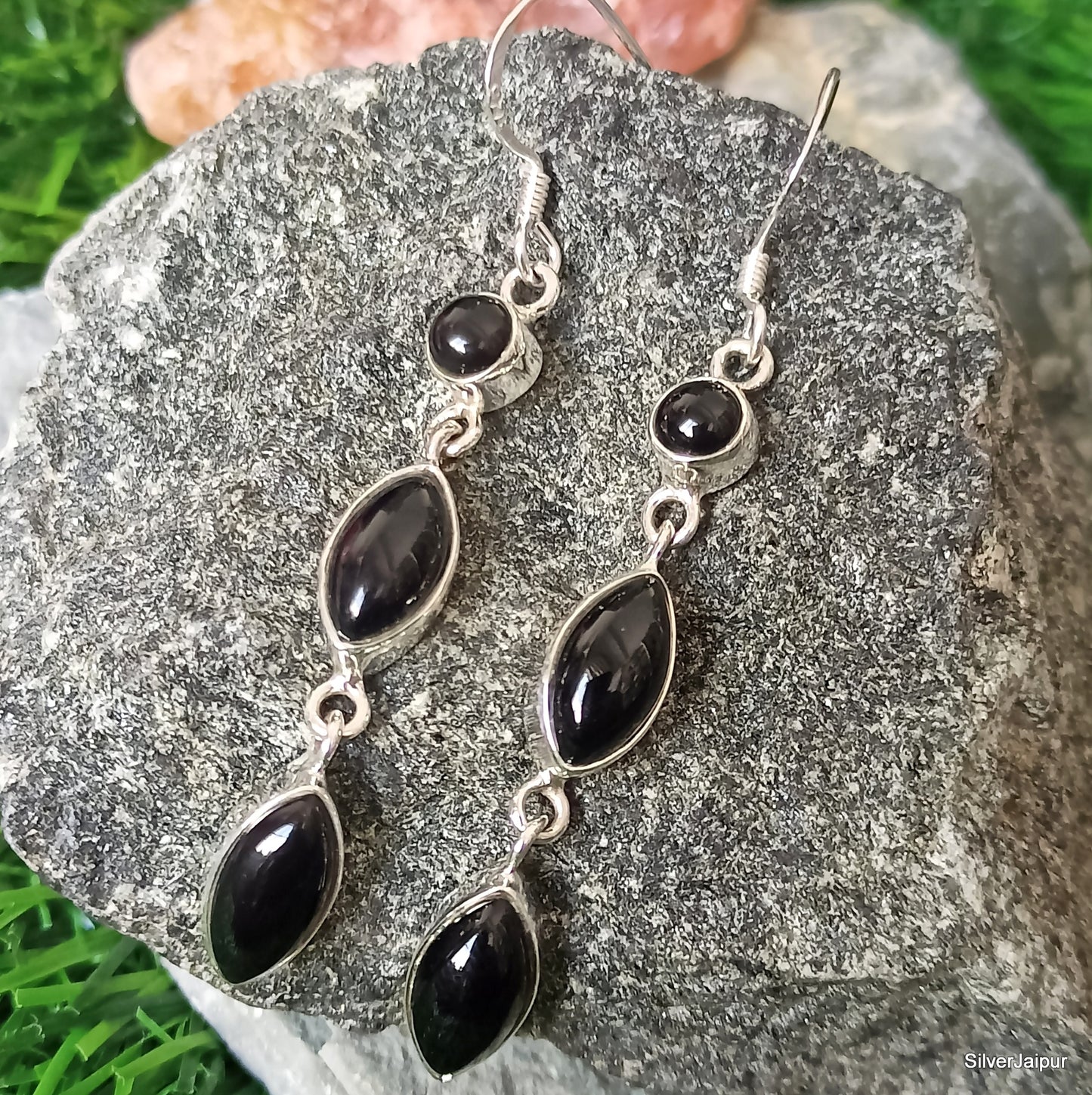 925 SOLID STERLING SILVER NATURAL BLACK ONYX GEMSTONE HOOK EARRING
