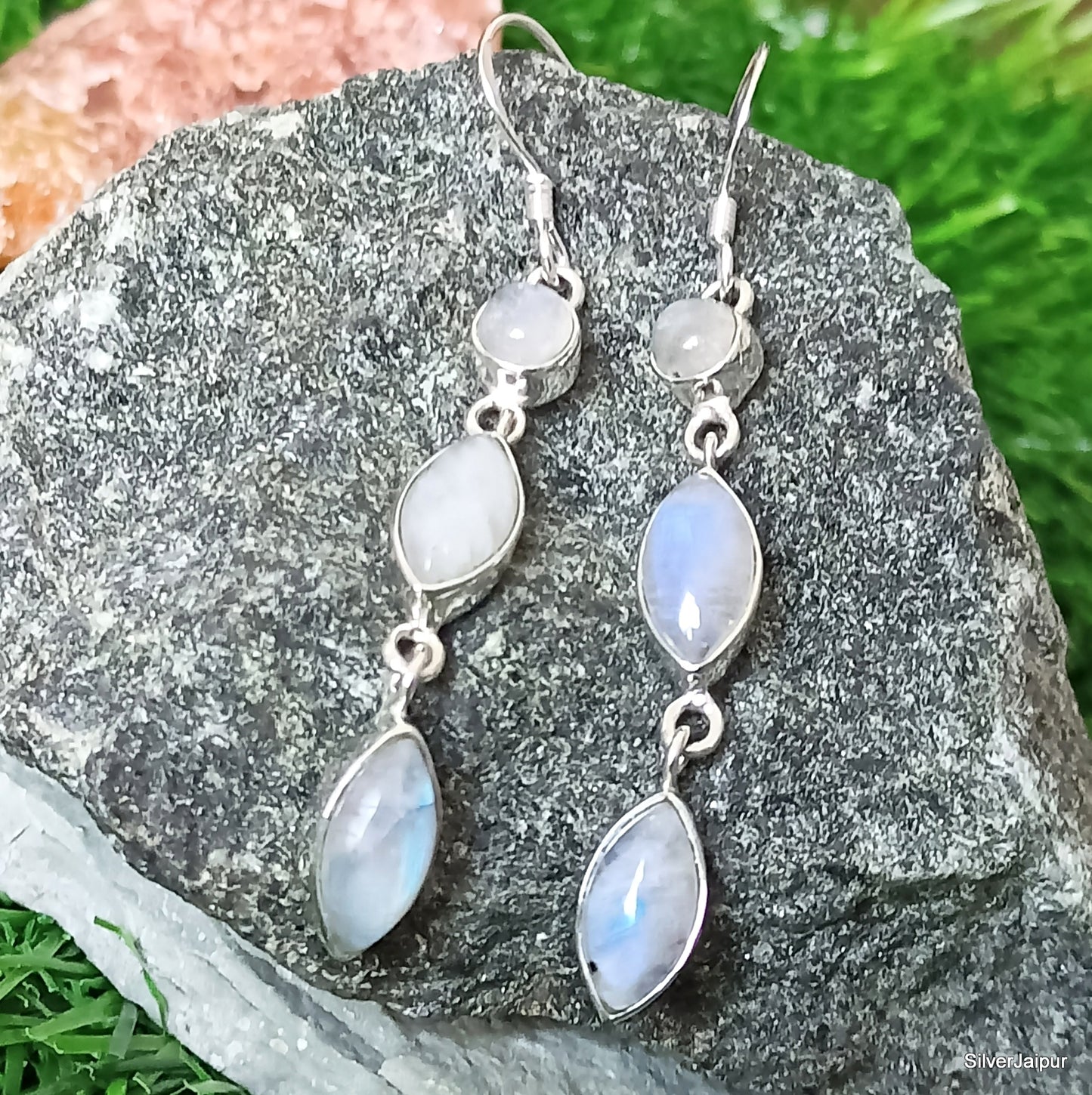 925 SOLID STERLING SILVER NATURAL RAINBOW MOONSTONE GEMSTONE HOOK EARRING