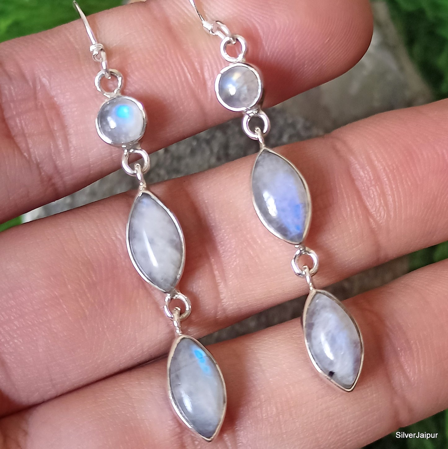 925 SOLID STERLING SILVER NATURAL RAINBOW MOONSTONE GEMSTONE HOOK EARRING