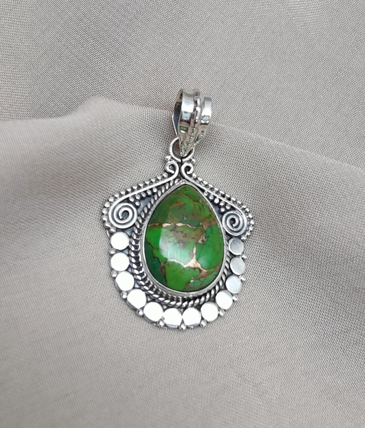 Green Copper Turquoise Pendant Necklace: 925 Sterling Silver Boho Jewelry