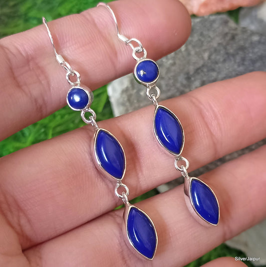 925 SOLID STERLING SILVER NATURAL LAPIS LAZULI GEMSTONE HOOK EARRING