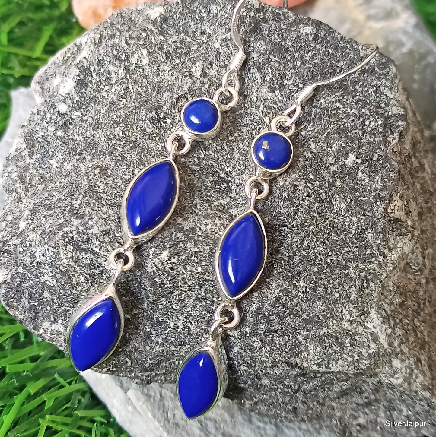 925 SOLID STERLING SILVER NATURAL LAPIS LAZULI GEMSTONE HOOK EARRING