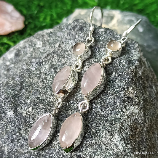 925 SOLID STERLING SILVER NATURAL ROSE QUARTZ GEMSTONE HOOK EARRING