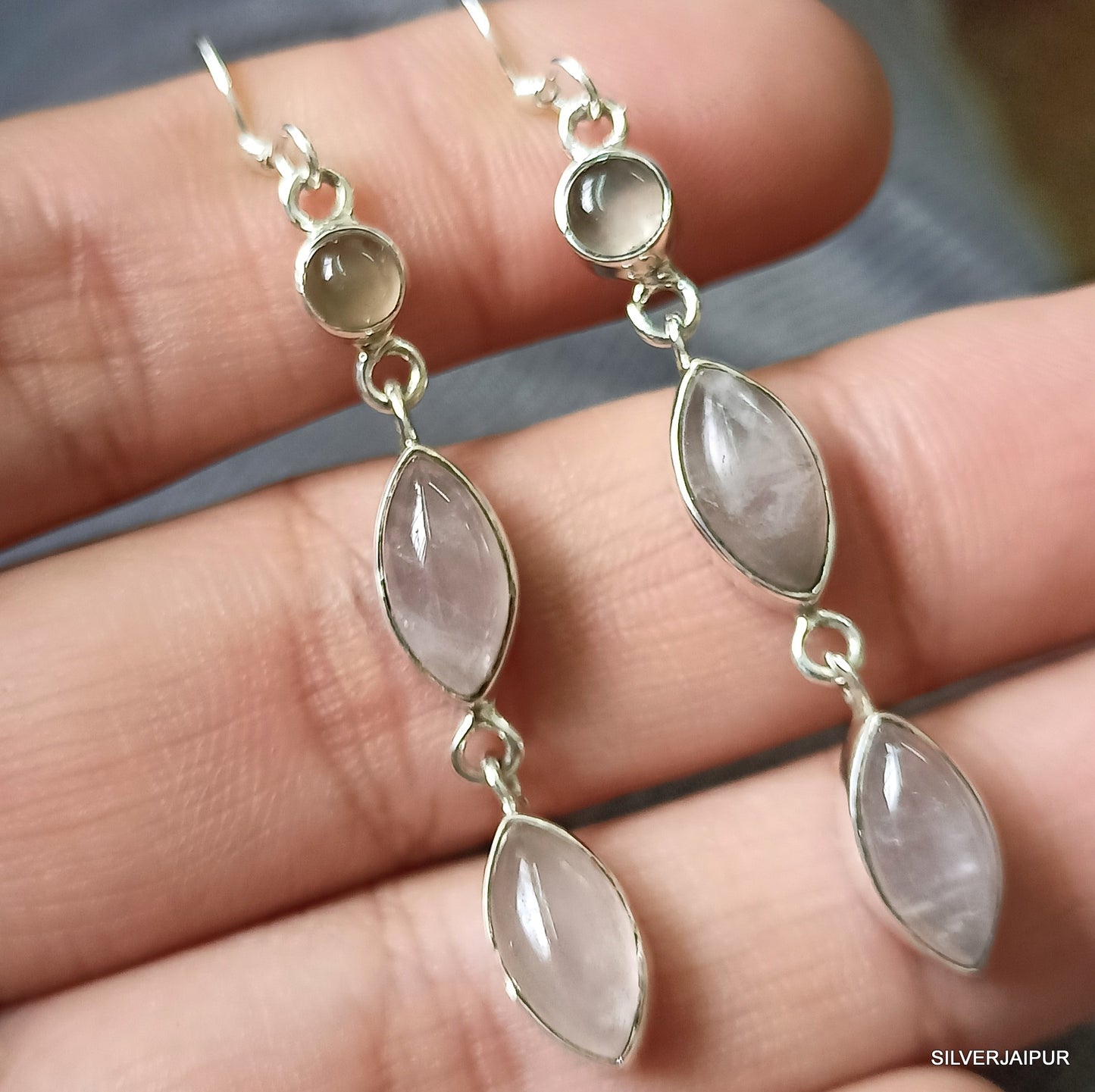 925 SOLID STERLING SILVER NATURAL ROSE QUARTZ GEMSTONE HOOK EARRING