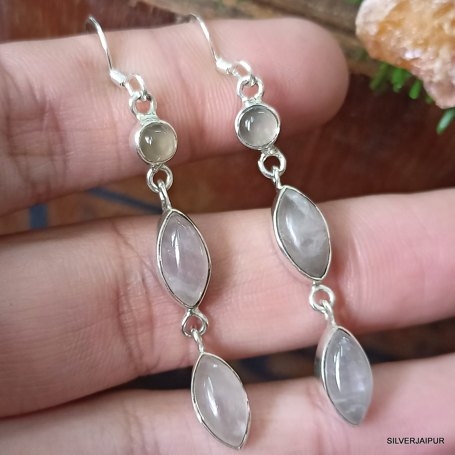 925 SOLID STERLING SILVER NATURAL ROSE QUARTZ GEMSTONE HOOK EARRING