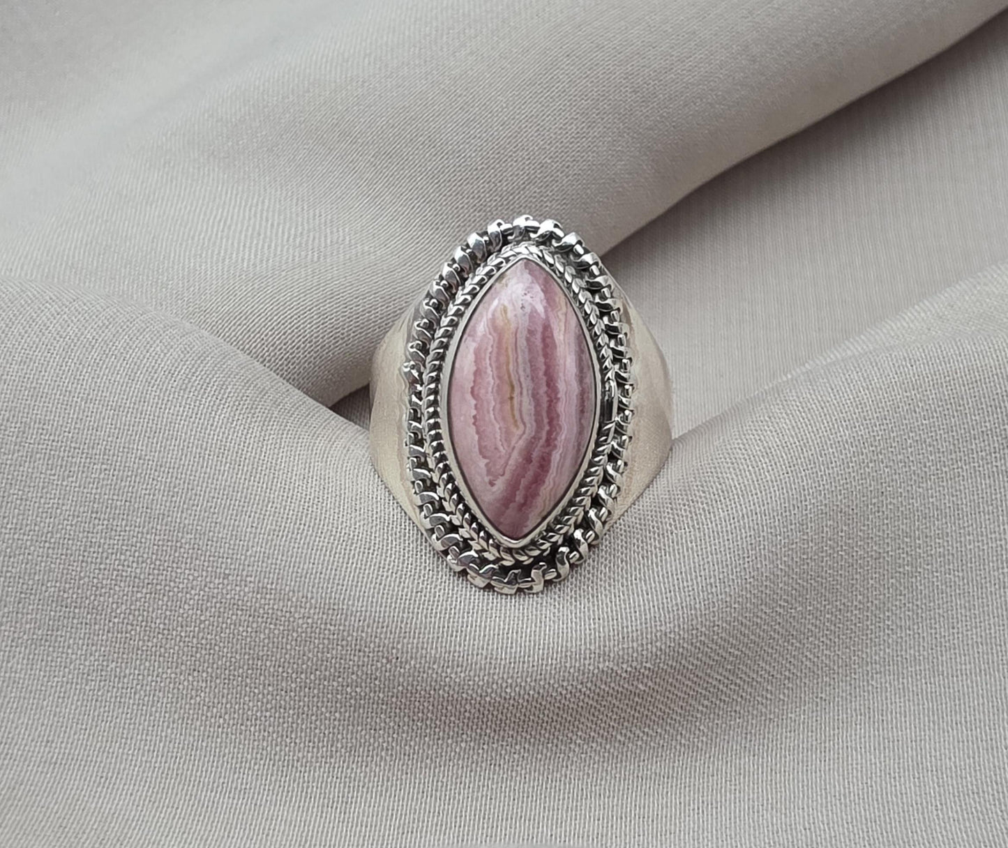 Rhodochrosite 925 Sterling Silver Ring Marquise Gemstone Boho Statement Ring Crystal Jewelry