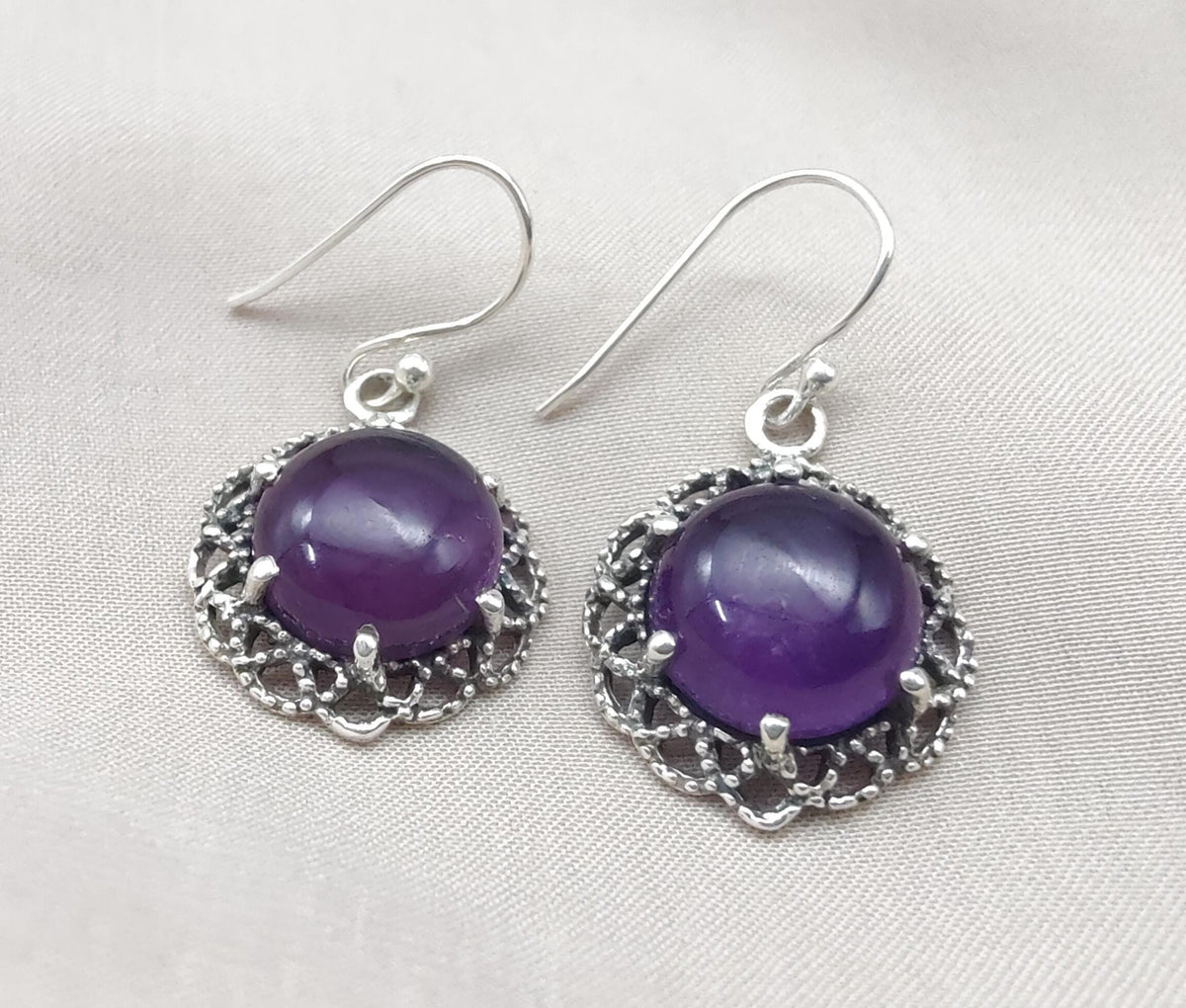 Amethyst 925 Sterling Silver Round Drop Dainty Earrings Boho Jewelry
