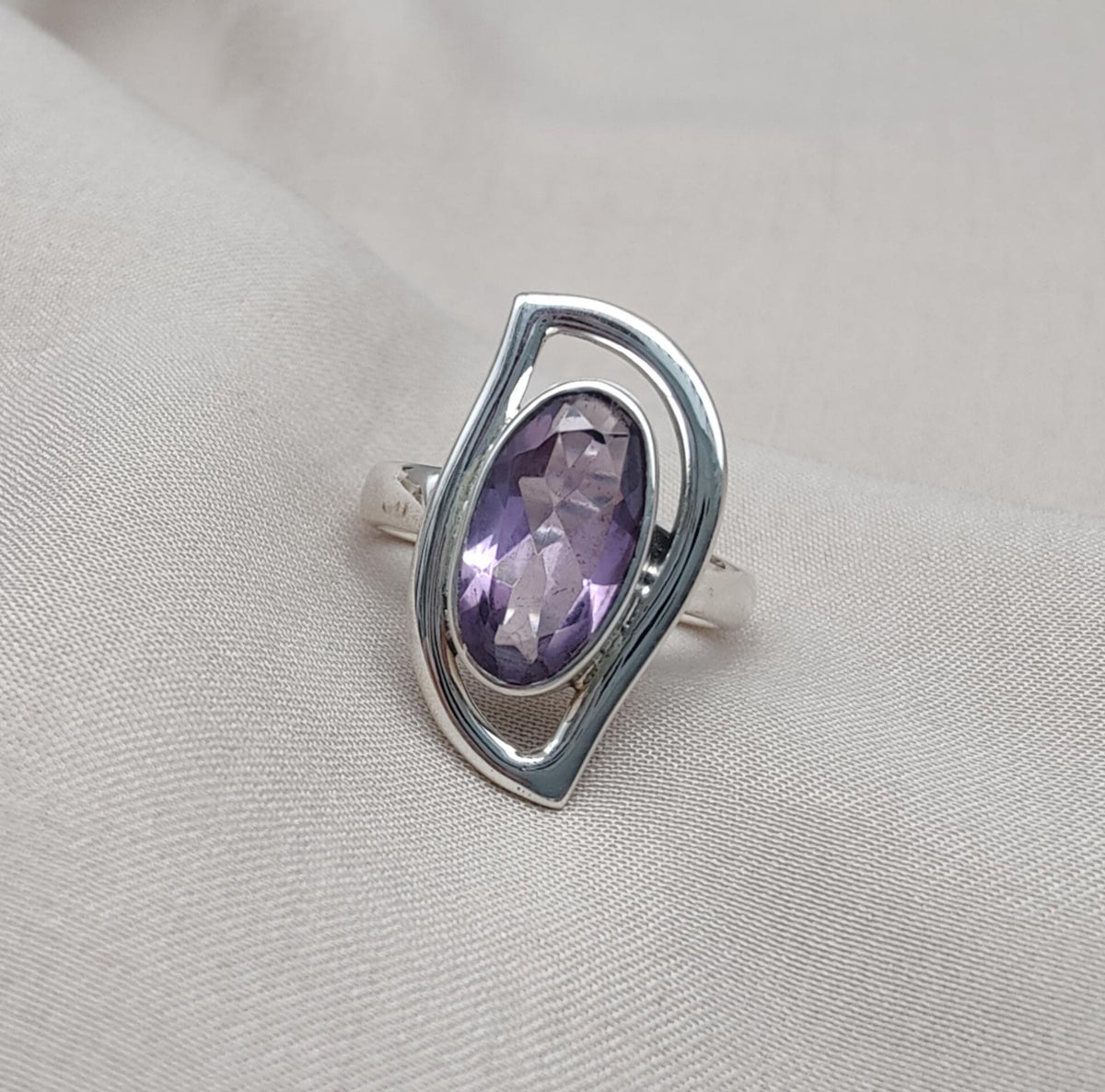 Amethyst Sterling Silver Ring: Modern Abstract Design, February Birthstone